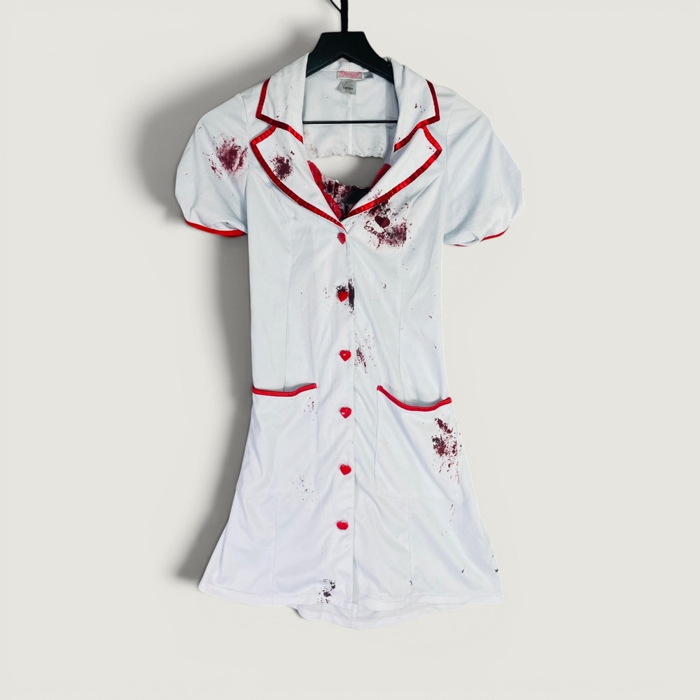 Dreamgirl Womens Bloody Zombie Nurse Costume Dress White Red Heart Buttons M